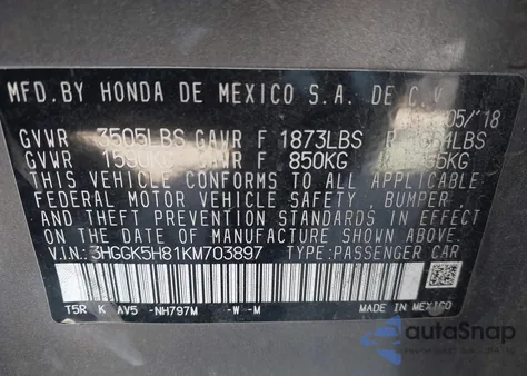 2019 Honda Fit Ex из США, поврежденный, VIN 3HGGK5H81KM703897